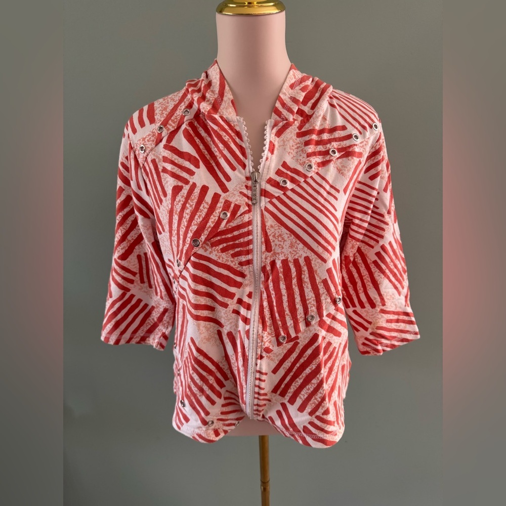 Red and White Patterned Zip-Up Hoodie, Large